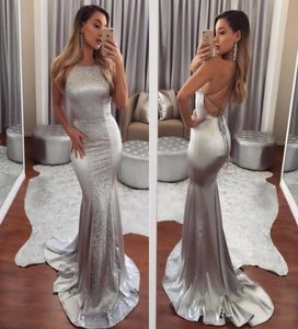 2020 Sexy Silver Sequin Satin Long Evening Dress Sleeveless Straps Back Mermaid Prom Party Gowns Formal Dresses robe de s7524102