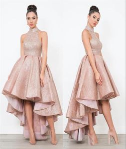 Rose Gold Sequined Arabic Short Prom Dresses High Neck Plus Size High Low Formal Pageant Evening Party Gowns2768027