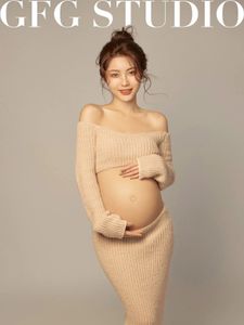 Women Pography Props Maternity Dresses Pregnancy Knitted Khaki Tops Skirt 2pcs Set Casual Studio Poshoot Clothes Korean 240309