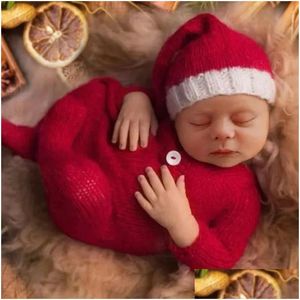 Kutsaklar Doğdu Pography Düğüm Giyim Tiftik Noel Hatjumpsuit 2pcs/Set Studio Bebek Pos Props Aksesuarlar Giysileri Kıyafetler 231130 Dr Otcid