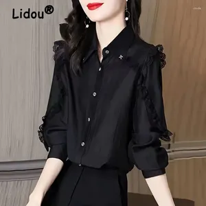 Women's Blouses Lace Patchwork Elegant Chic Button Up Shirt Fashion Black Business Casual Office Lady Blouse Loose Long Sleeve Tops