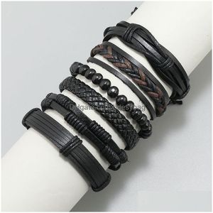 Charm Bracelets Handmade Rope Leather Braided Mtilayer Wooden Beaded Jewelry Set Adjustable Male Bangle Drop Delivery Dh1P4