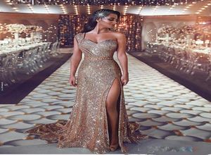 Luxurious Arabic Bling Bling Gold Sequin Evening Dresses with One Shoulder Beaded Sash Prom Dresses Sparkly Formal Party Gowns2478246