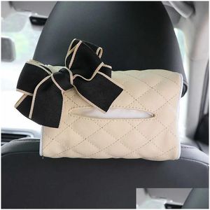 Other Interior Accessories New Cute Bowknot Car Seat Headrest Hanging Tissue Box Holder Mti-Function Leather Paper Tower Organizer Sty Dhhgz