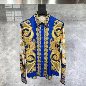 Męskie koszule 2024 Spring barokowa koszula z długim rękawem złota kontrastująca Hawaje Wysoka jakość Lapel Man Homme Camisetas Hombre 6am9