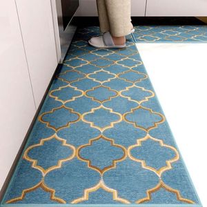 Mattor Anti-Slip Kitchen Floor Mat Blue Lattice Rug Bath Long Strip Absorption Doormat Entré Balkong vardagsrummet Hushåll CAR276M