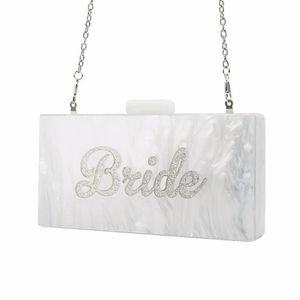 Evening Bags Pearl White With Silver Glitter Name Bride Acrylic Box Clutches Ladies Handbags Fashion Handmade Claps Beach ClutchEv223q