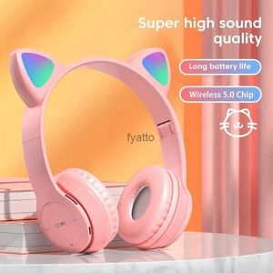 Cell Phone Earphones Cute cat ear Bluetooth compatible earphones with LED wireless childrens and girls stereo folding sports microphoneH240312