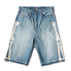 KAPITAL Hirata Hohiro Loose Relaxed Pants Embroidered Bone Wash Used Raw Edge Denim Shorts for Men and Women Casual Jeans 240306