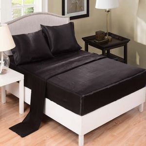 Lençóis de cama de seda imitada, cor sólida, cetim, capa de cama, colcha, tamanho queen, cinza, preto, branco2878
