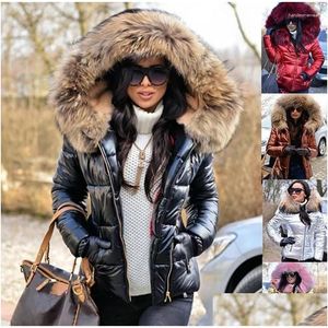 Mulheres para baixo parkas mulheres para baixo capuz cor sólida pele com capuz jaqueta outono inverno algodão-acolchoado curto parka casaco moda casual gota dhd5z