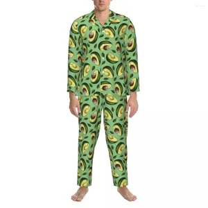 Herren-Nachtwäsche-Pyjama-Mann, trendige grüne Avocado-Schlafnachtwäsche, süße Frucht, 2-teiliges Vintage-Pyjama-Set, langärmelig, übergroßer Heimanzug