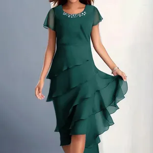 Lässige Kleider, Chiffon-Kleid, elegantes Perlendekor, geschichteter Kuchensaum, Midi für Hochzeitsgäste, fließende Party für Damen mit kurzen Ärmeln