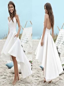 Damen039s Satin-Spaghettiträger-HiLow-Hochzeitsfestkleid Elegante Satin-Strandhochzeitskleider HiLow-weiße Partykleider9027443