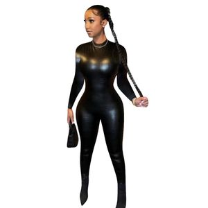 Macacão preto pu feminino fashion gola redonda bodycon slim longo macacão frete grátis