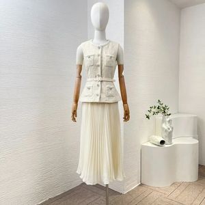 Kobiety Najwyższej jakości odzież Spring Beige Elegancki cekinowy styl Tweed Chifon Patchwork Midi Tank Sukienki 240226