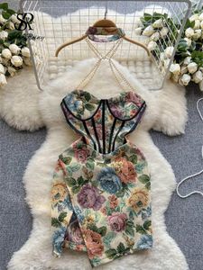 Sıradan Elbiseler Tekreingy 2024 Yaz Vintage korse ince elbise Kadınlar Strapless Halter çiçek seksi sundress Fransızca baskı retro kısa