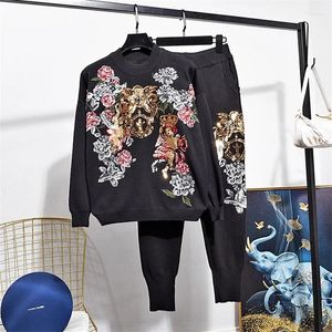 Women's Two Piece Pants Autumn Fashion White Black Knitted Tracksuit Women 2pc Sequins Flowers Sweater Long Set Female Loose Sports Knitting