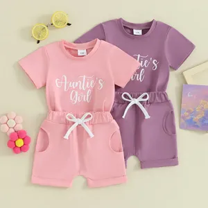 Set di abbigliamento Pantaloncini da bambina Set T-shirt con stampa di lettere a maniche corte con abito estivo in 2 pezzi