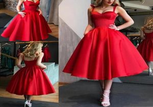 Spaghetti Straps Sweetheart Satin Ball Gowns Red Homecoming Dresses Tea Length Special Occasion Dresses AnkleLength Pocket Fish B6742118