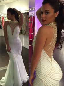 Pearls Mermaid White Pageant Dresses High Neck Chiffon Hollow Back Prom Evening Formal Dress Gowns Cheap Long