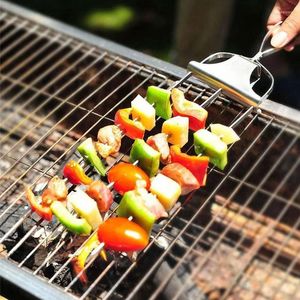 Werkzeuge 3-Wege-Grillspieße Garnelen zum Grillen Edelstahlstäbchen mit Schiebestange 3-Zinken-Spieß Bbq Stick Kebab