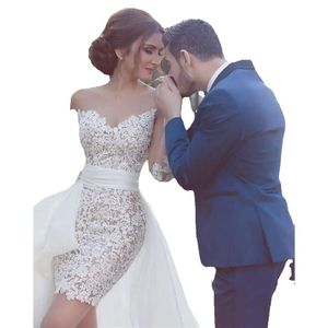 Lace 2022 Short Dresses Wedding Arabic Sexy Sheath Bridal Gowns With Detachable Train Illusion Long Sleeve Appliques Beach Bride Dress GG