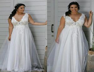 Plus Size Lace Wedding Dresses V Neck A Line Empire Waist Garden Wedding Gowns With Appliques Lace Beach Wedding Formal Dress Zipp2844688