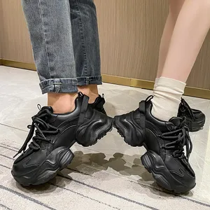 Men Women Chunky Sneakers Casual Shoes Platform Round Toe Thick Sole Lace-Up Ladies Trainers Black White Genuine Leather Synthetic Patchwork Ladies Autumn BB034