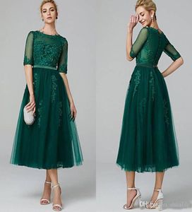 Elegant Cocktail Party Dresses ALine Illusion Neck Tea Length Prom Dress with Beading Appliques Half Sleeve Dark Green Special Ev9758056