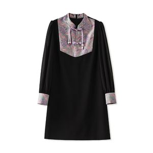 2024 Spring Black Contrast Color Panelled Dress Long Sleeve Stand Collar Jacquard Knee-Length Casual Dresses N4M061609