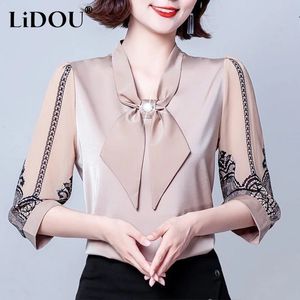 Primavera outono elegante moda coreana camisa feminina cor sólida manga de sete quartos blusa feminina tops estéticos chiques roupas femininas 240311