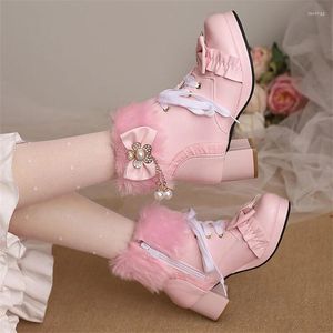 Ботинки с круглым носком и бантом, короткие, с милым цветком, до щиколотки, Botas Mujer Invierno, зимняя женская обувь на молнии, Botte Femme на толстом каблуке