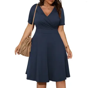 Casual Dresses Beach for Women 2024 Plus Size Sexig V Neck Solid SHORT SLEVE Swing Dress Slant midje Knälängd