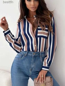 T-shirt da donna Fashion Print Stripe Camicie da donna Vintage Bavero Lungo Sle Fe Camicette Camicie Primavera Office Lady Streetwear Top Donna Novità 240311