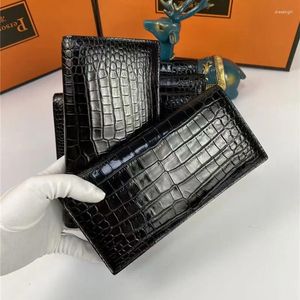 Brieftaschen Echtes echtes Krokodil Bauchhaut Geschäftsleute Bifold Clutch Geldbörse Brieftasche Authentisches Alligatorleder Männlich Langer schwarzer Kartenhalter