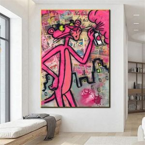 Dipinti Graffiti Pantera Rosa Pittura su tela Poster colorati e stampe Immagini di arte della parete di strada per soggiorno camera da letto Home205c
