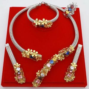 Necklace Earrings Set Women Jewelry Brazil Gold Plated Full Copper Material Artificial Gemstone Luxury Bracelet Ring
