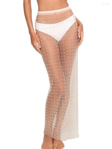 Women Cover Up Skirts High Waist Pearl Beaded Solid Color See-Through Beach Long