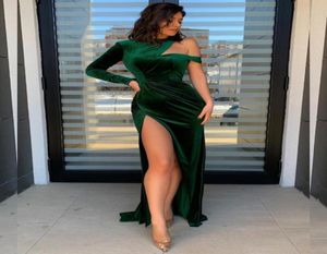 Green Velvet Mermaid Prom Dresses Sexy High Side Split One Shoulder Long Sleeve Evening Dress Formal Party Gown2208493