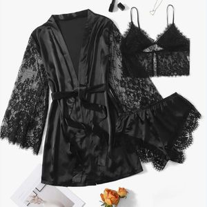 Camicia da notte sexy Lingerie Camicia da notte patchwork di pizzo nero Donna Kimono di seta Lingerie Cintura Accappatoio Pigiami da notte 3 pezzi 240226