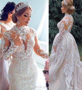 Nuovi abiti da sposa a sirena champagne di lusso Dubai collo alto applicazioni in pizzo maniche lunghe con strascico staccabile taglie forti formale Br7671012