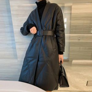 Mulheres para baixo 2024 inverno quente longo couro do plutônio parkas v pescoço com cinto hepburn estilo casaco térmico feminino cintura fina