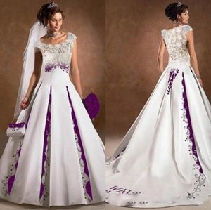 Purple And White Wedding Dress A Line Satin Lace Embroidery Court Train 2019 Luxury Capped Sleeves Scoop Bridal Wedding Gowns3450063