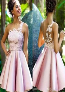 Sexig fantastisk rosa rena mesh hemkommande klänningar topp satin spets applikation ruchade en linje prinsessa kort prom party examen klänningar9146034