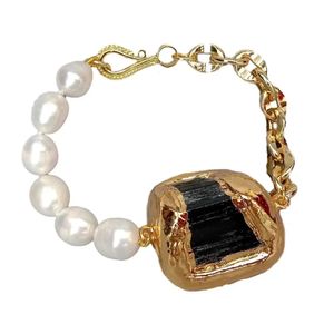 Yygem Natural Odlat White Rice Freshwater Pearl Natural Black Tourmaline Rough Raw Gold Color Plated Pave Armband 8.5 240305