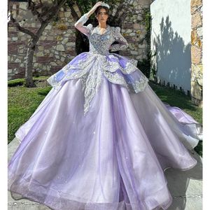 Principessa Lilla Maniche Lunghe Ball Gown Abiti Quinceanera 2024 Perline Festa di Compleanno Fiori Sweet 16 Dress Vestidos