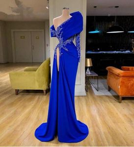 Real Image Royal Blue Mermaid Evening Dresses One Shoulder Lace Beaded High Side Split Sexy Prom Gowns Appliques Party Dress7311312