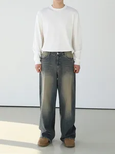 Herr jeans syuhgfa manliga breda ben avslappnade vintage tvättade män rak denim byxor koreanska trendiga byxor vår 2024