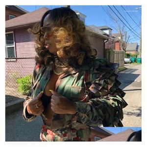 Giacche da donna Giacche da donna Y Verde Camouflage Cacading Ruffles Manica svasata Streetwear Cappotto militare Drop Delivery Abbigliamento Wome Dh0Y3